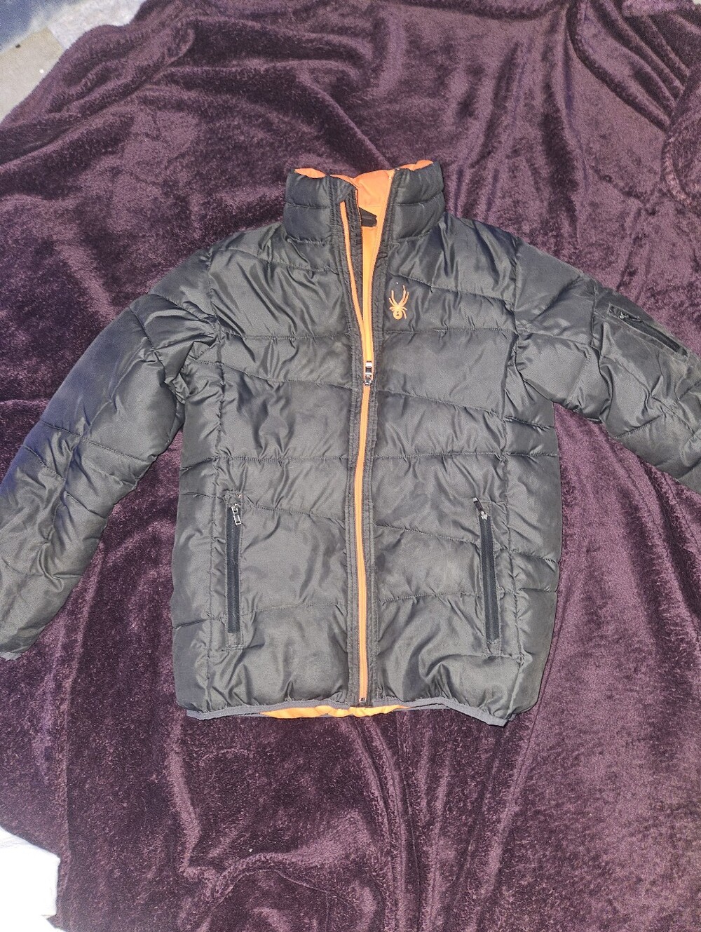 Kids Spydee Black Puffer Jacket with Orange Trim